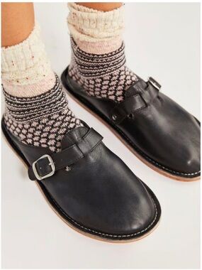 NWOT Free People Black Leather Slip-On Mules with Buckle